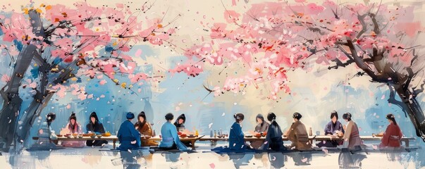 A traditional Japanese Hanami festival with people picnicking under cherry blossoms, enjoying their beauty and fleeting nature.