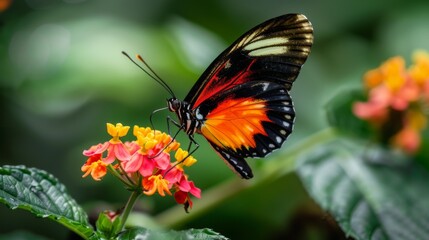 Poster - A detailed macro shot of a colorful butterfly perched on a flower.