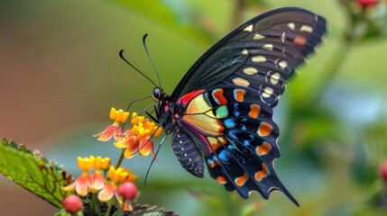 Poster - A detailed macro shot of a colorful butterfly perched on a flower.