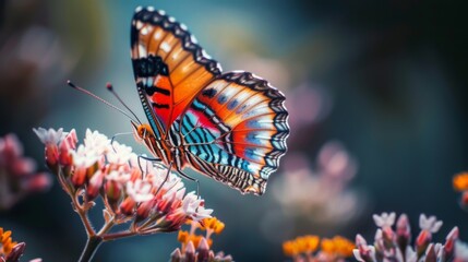 Poster - A detailed macro shot of a colorful butterfly perched on a flower.