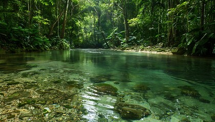 Wall Mural - Beautiful mountain river flowing through a green forest at sunset in summer