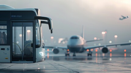 shuttle bus brought people to the airport for the flight, a modern white coach bus at an airport terminal.