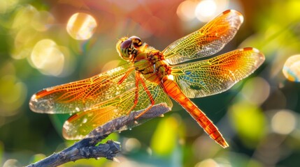 Poster - A dragonfly resting on a twig with its wings glistening in the sunlight.