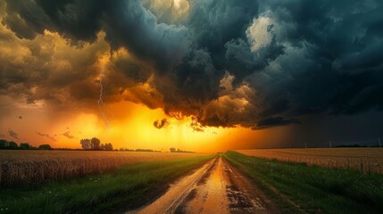 Poster - A dramatic sunset breaking through storm clouds after heavy rainfall.