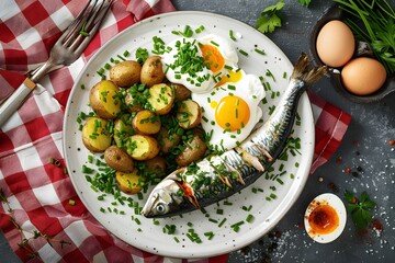 Wall Mural - Delicious Breakfast Plate with Grilled Fish, Roasted Potatoes, and Poached Eggs