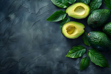 Wall Mural - Fresh Avocados with Leaves on a Dark Textured Background