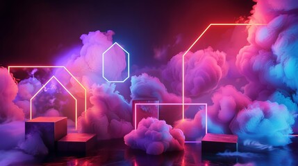 Wall Mural - 3d render of geometric shapes emitting neon glow against dramatic cloud backdrop, isolated on black 