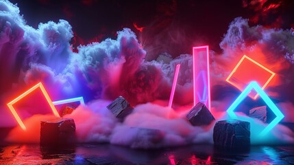 Wall Mural - 3d render of geometric shapes emitting neon glow against dramatic cloud backdrop, isolated on black 