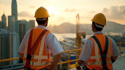 Two workers in safety gear observe the urban skyline, highlighting the intersection of construction and urban development.