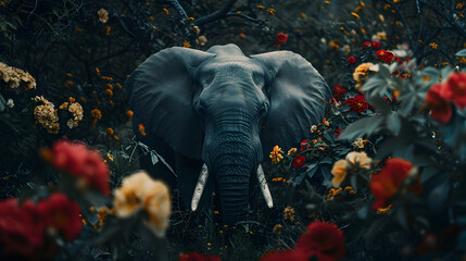 Wall Mural - A wildlife close-up photo of elephant in jungle, flowers