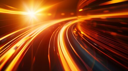Poster - An abstract rendering of fast-moving lines with glowing sun flares, a high-speed motion blur is used to convey the idea of leading in the business world, using hi-tech products, and inventing science