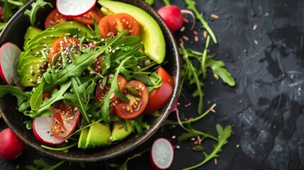 Wall Mural - Healthy salad with vegetables such as tomatoes, avocados, radish, arugula, and seeds. Vegan food on a flat lay. Banner. Top view.