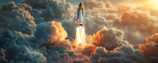 Wall Mural - a photorealistic image of a space shuttle launching into orbit, leaving a trail of fire and smoke in