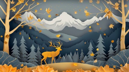 Wall Mural - Wallpaper mural with golden forest trees and deer animal on a background of birds and wildlife illustration in dark green and gold