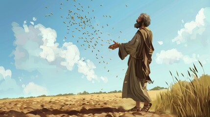 Canvas Print - a man walking and scattering seed by hand in a field Jesus' time realistic cartoon style, He is throwing the seed high into the breeze