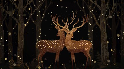 Wall Mural - The wallpaper features a dark green and golden forest tree, a deer animal wildlife with birds, as well as a gold abstract 3D abstraction wall art