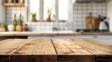 Sticker - A blurred kitchen background and empty wooden table with a blurry wooden table are shown together.