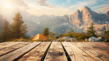 Wall Mural - The background of a wooden table shows free space for you to decorate and a blurry mountain backdrop shows camping in the wilderness.