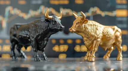 Poster - The bull financial bitcoin or crypto market concept is presented in gold and black with an area for copyspace