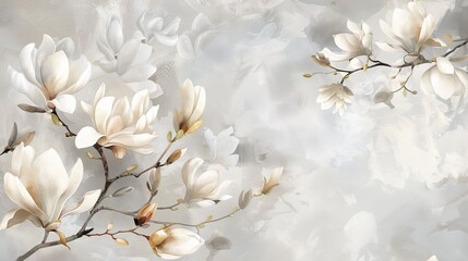 Wall Mural - White magnolia flower in watercolor. Golden white and gray flowers for wall canvas decor