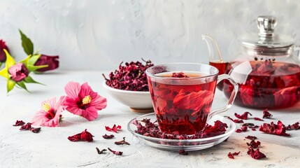 hibiscus tea in a transparent cup with a light background, hibiscus tea pot and dry hibiscus bowl.