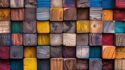 Wall Mural - Blocks of wooden blocks aligned in a rainbow of colors.