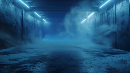 Poster - There is an empty dark street with a dark blue background, neon lights, spotlights. The asphalt floor and studio room with smoke float up the interior texture.
