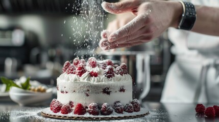 In a professional kitchen, Chef cooks desserts. Closeup of a cake sprinkled with icing sugar.