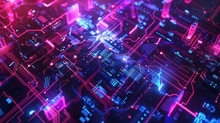 Poster - Digital technology futuristic circuit blue pink background, innovation communication, stock, big data, internet network connection