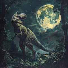 Wall Mural - a tyrannosaurus rex roars in a forest on an island with a full moon