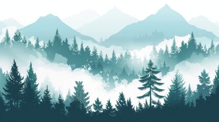 A landscape panorama of a black forest landscape with trees in green silhouettes - A black forest illustration with spruce and fir trees