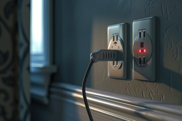 Poster - Close-up view of an electrical outlet with a bright red light indicating power or activity