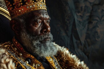 A person wearing a crown sits in a chair, looking regal and authoritative