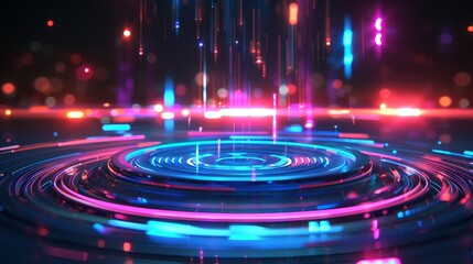 Poster - Technology circular turntable emitting glowing lines, digital abstract creative concept illustration.