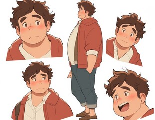 Sticker - detailed character sheet, fat guy , with stylish hair and clothes , kind man , character at different angles with different poses, white back ground