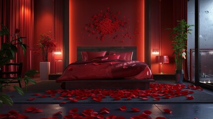 Sticker - Bedroom at night with a romantic rose petal trail