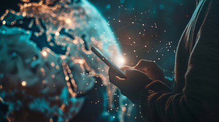 Fototapete - Concept of Technology, innovation, and communication using smart phone with global network connection.