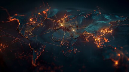 Poster - A conceptual map of the world, a concept of global connectivity and networks, a concept of data transfer and cyber technology, and a concept of global business.