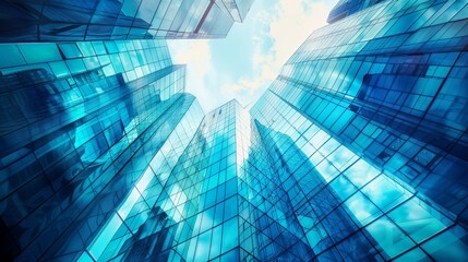 Poster - An architectural blue background with modern skyscrapers of a smart city and futuristic financial districts for corporate and business brochures