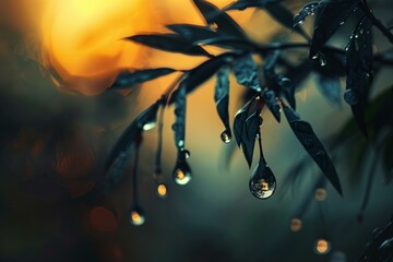 Poster - Water drops hanging from a branch are reflecting the golden sunset behind them