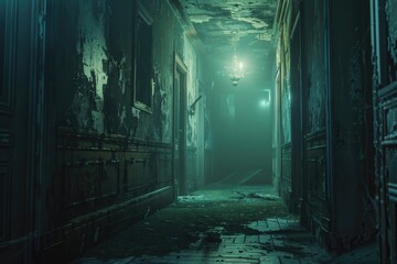 Poster - A dimly lit hallway with a single light source in the middle, creating a sense of contrast and depth