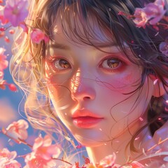 Poster - Glowing portrait of a beautiful girl and flying cherry blossoms