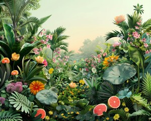 Wall Mural - jungle with colorful plants and flowers containing lotus, sakuras clover, grapefruit, rosemary, daisies, sunflower, camellia, acacia