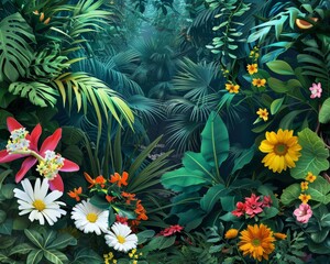 Wall Mural - jungle with colorful plants and flowers containing lotus, sakuras clover, grapefruit, rosemary, daisies, sunflower, camellia, acacia