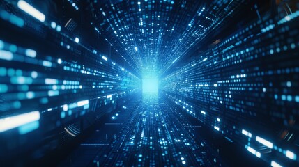 Poster - The background has a blue technology theme with copy spaces. Abstract images of a data center, server, internet, speed, futuristic HUD tunnels, full screen display screens for technical titles and