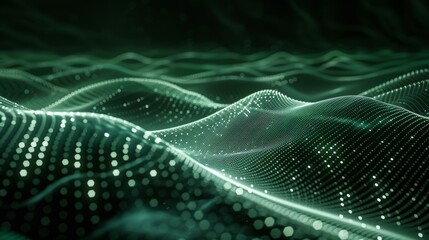 Poster - Flowing green dots background with a dynamic wave. 3D rendered. Abstract technology background.