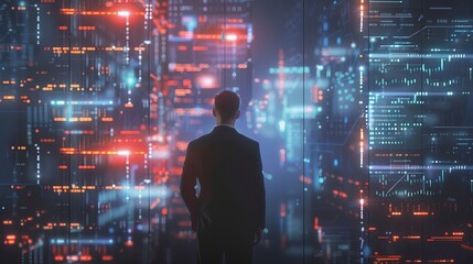 Poster - Digital technology interface used by a businessman to visualize data in 3D