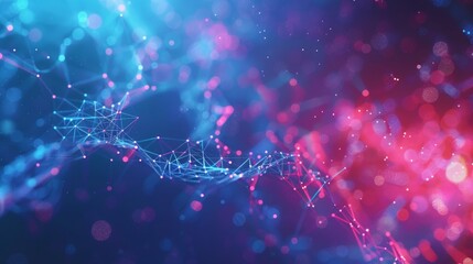 Poster - A 3D illustration of a neural network. It includes big data and cybersecurity. It suggests a data stream using a global database and stock market. It has a bright, colorful background with a bokeh