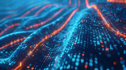 Poster - Data flows through cyberspace. Blockchain fields. Network lines connected through network lines. Concept of AI technology, digital communication, scientific research, and 3D simulations of neural