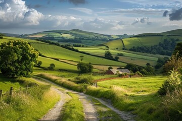 Poster - A dirt road surrounded by a lush green field, ideal for rural or countryside scenes